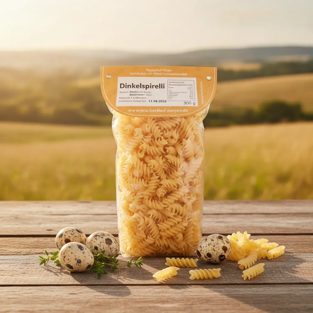 Goldgelbe Dinkel Spirelli mit Wachtelei von Wachtelhof Meyer, 300g Packung