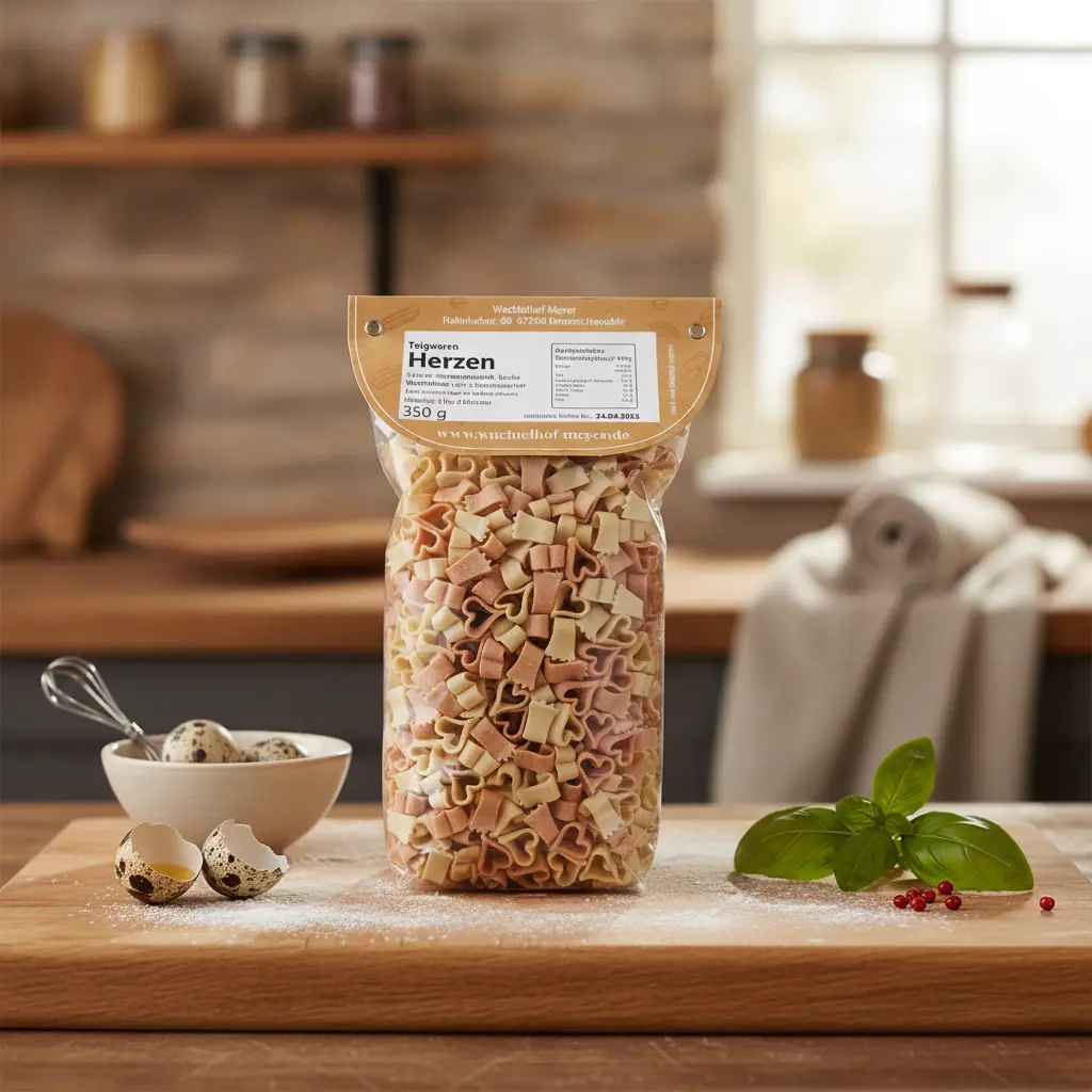 Rot-weiße Herznudeln mit Wachtelei von Wachtelhof Meyer, 350g Packung