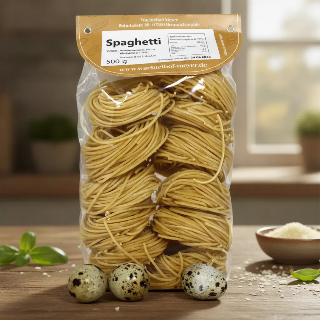 Goldgelbe Spaghetti mit Wachtelei von Wachtelhof Meyer, 500g Packung